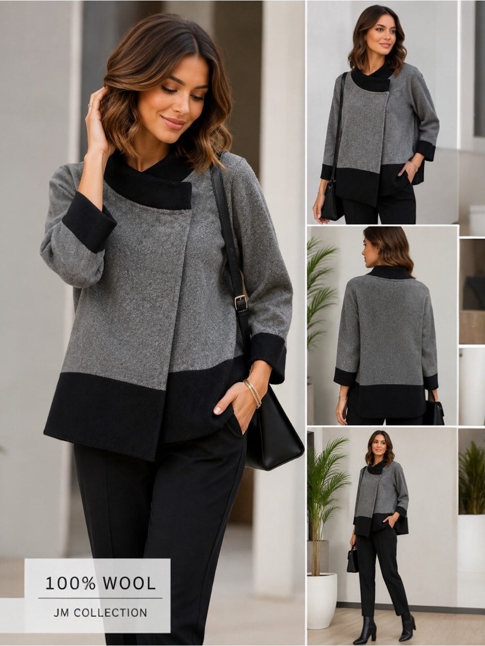 JM Collection 100% Wool Colorblock Asymmetrical Wrap Cardigan Sweater M